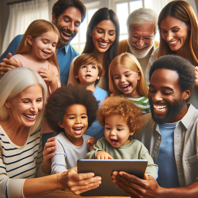 Happy families and children interacting with a digital device.