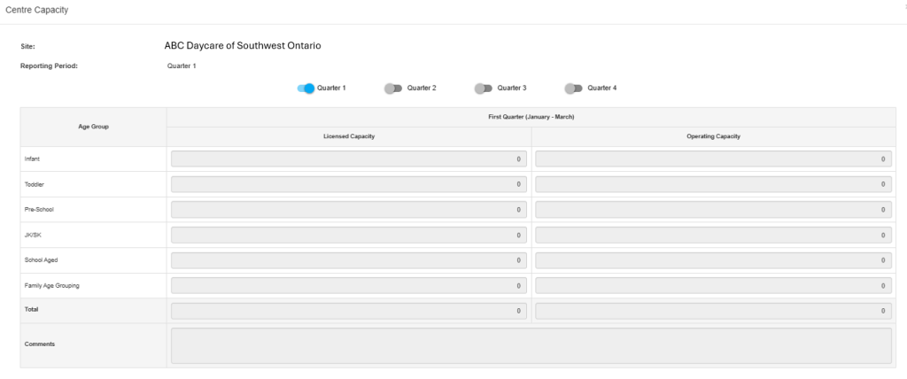 Centre Capacity Reporting Screenshot