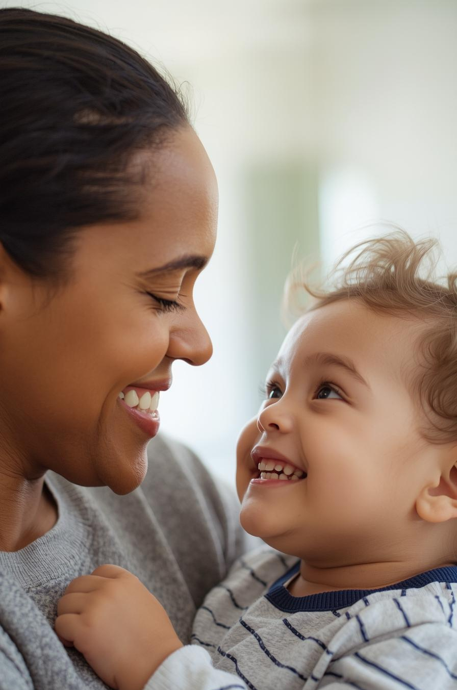A parent and their young child looking at each other.